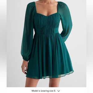 Express Sweetheart Neckline Long Sheer Sleeve Mini Babydoll Green Dress XS NWT
